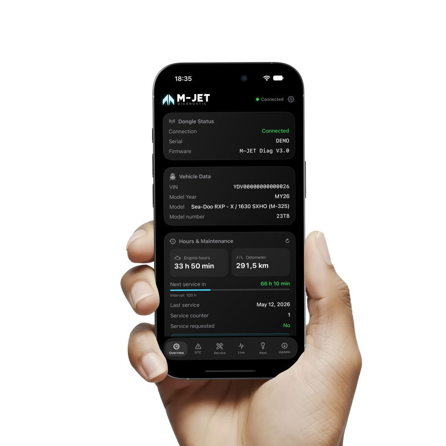 App M-JET DIAGNOSTIC con dati del veicolo, ore di funzionamento e prossimo tagliando