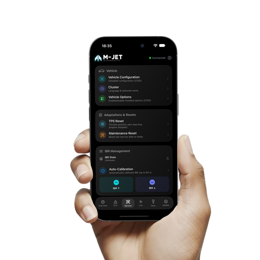 Funzioni di assistenza dell'app M-JET DIAGNOSTIC con reset TPS, reset manutenzione e calibrazione iBR