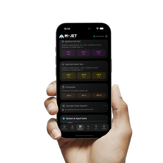 App M-JET DIAGNOSTIC: test di bobine di accensione, iniettori e pompa del carburante